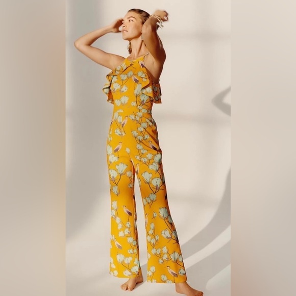 Varun Bahl Warbler Ruffle Jumpsuit Yellow Motif Anthropologie size 0 - Picture 3 of 16
